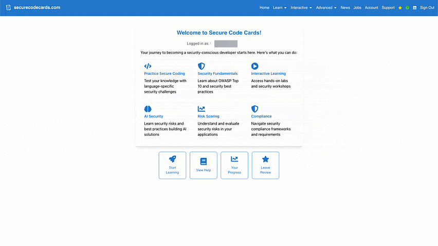 SecureCodeCards Interactive Learning Demo - Step-by-step demonstration of secure coding training with vulnerability identification and secure code implementation